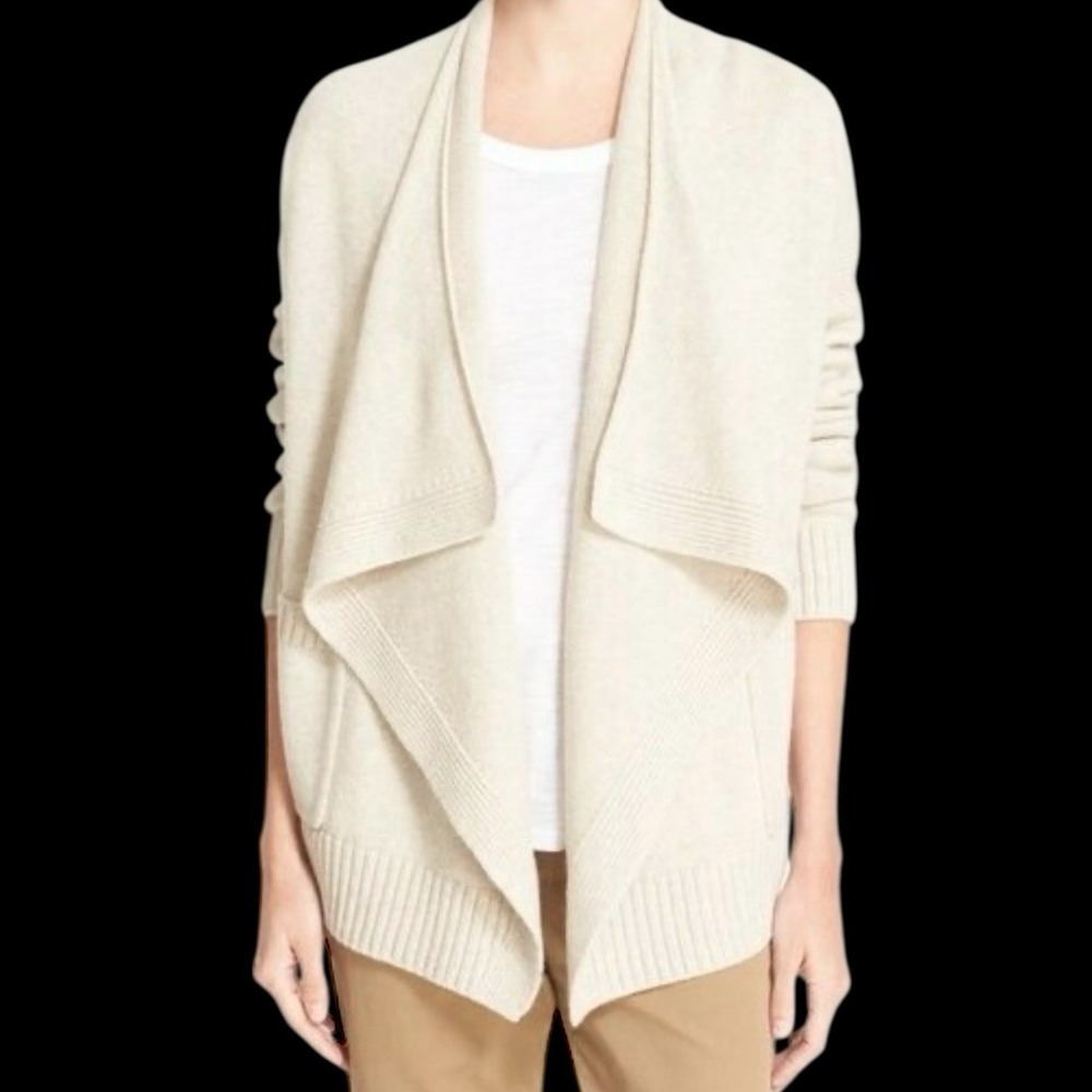 Vince Wool Cashmere Open Front Draped Tan Beige Pockets Cardigan Size XS #337